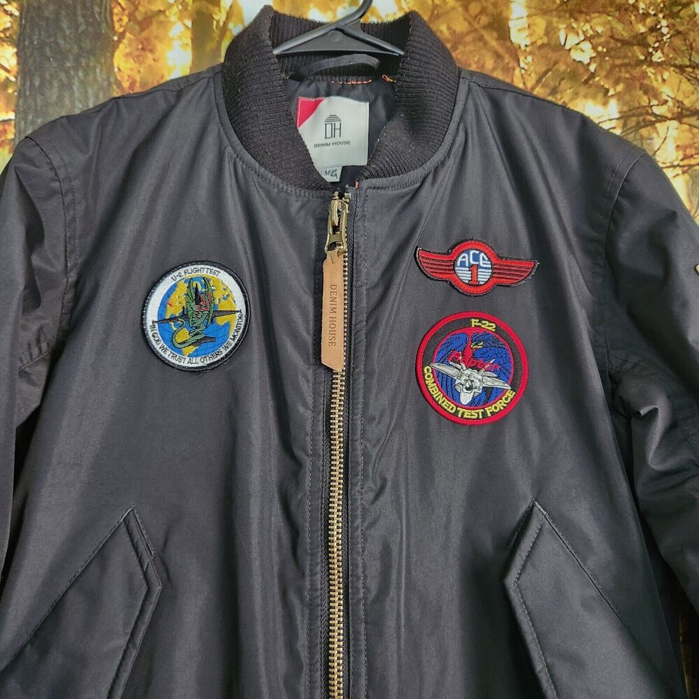 Denim House Boys Replica Bomber Jacket Kid's Medium Pilot Patched Flight Black - Picture 3 of 13